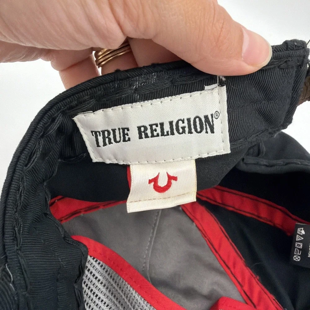 True Religion Hat Cap Mens One Size Black Horseshoe Drip Logo Leather Strapback